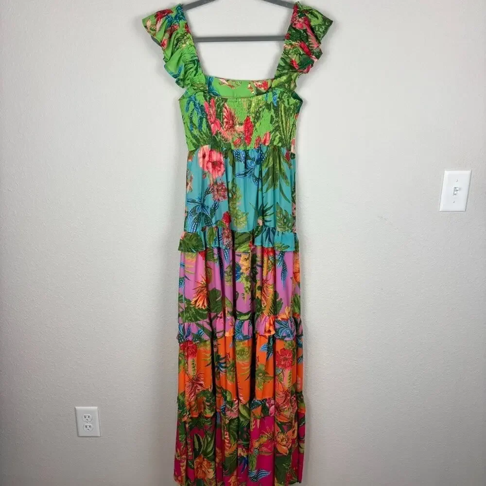 Avara Ivy Floral Tiered Maxi Dress Small Tropical Hawaiian Resort Smocked Back - Picture 11 of 13